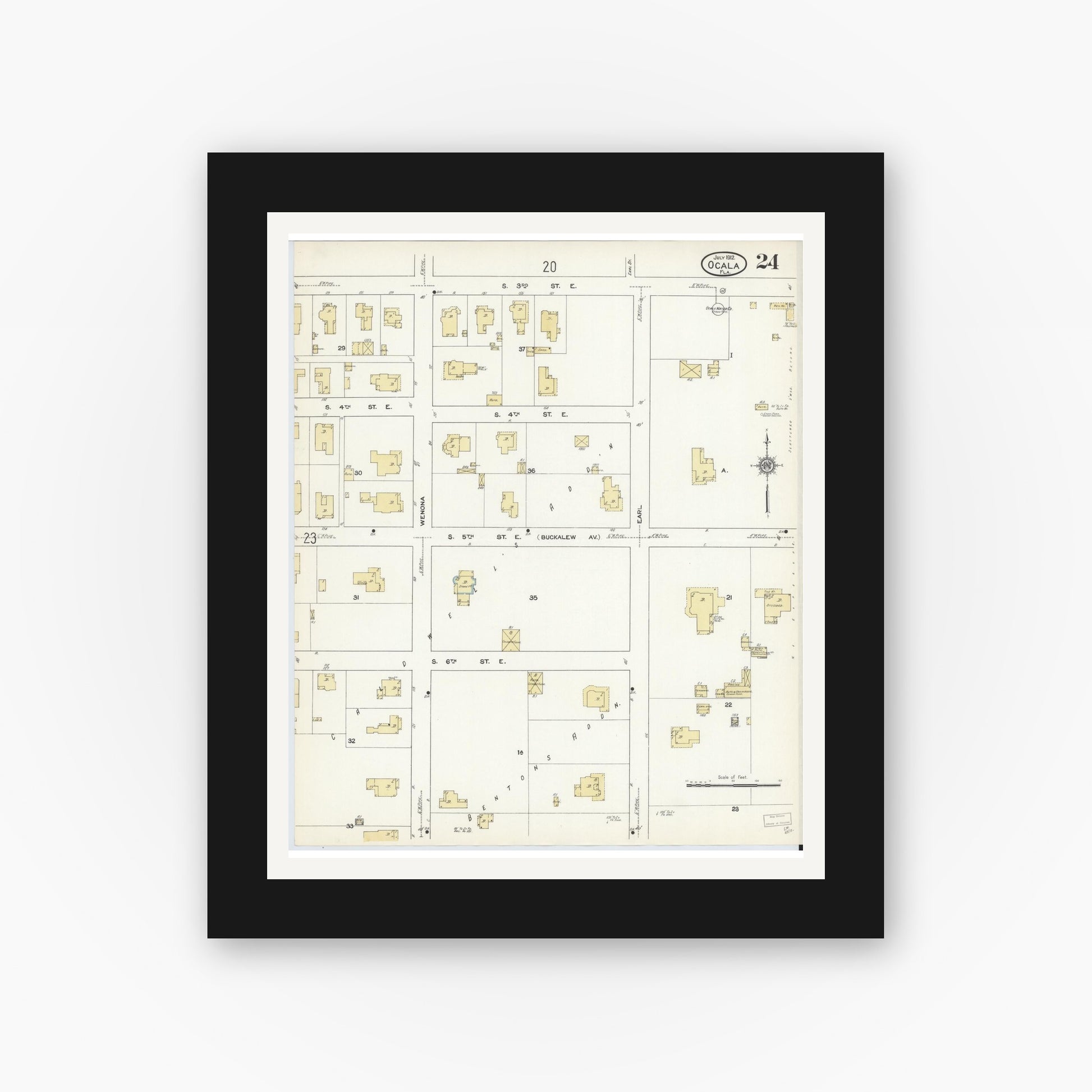 Old map wall art mockup — black gallery frame with white mat — Sanborn Fire Insurance Map from Ocala, Marion County, Florida (1912), Sheet #0024