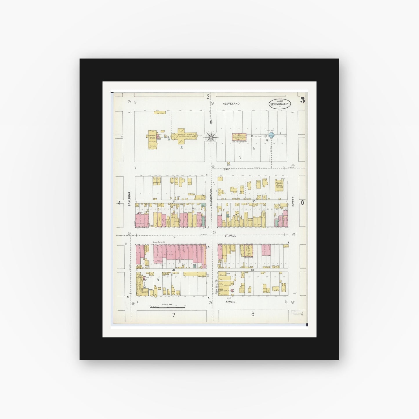Old map wall art mockup — black gallery frame with white mat — Sanborn Fire Insurance Map from Spring Valley, Bureau County, Illinois (1899), Sheet #0005