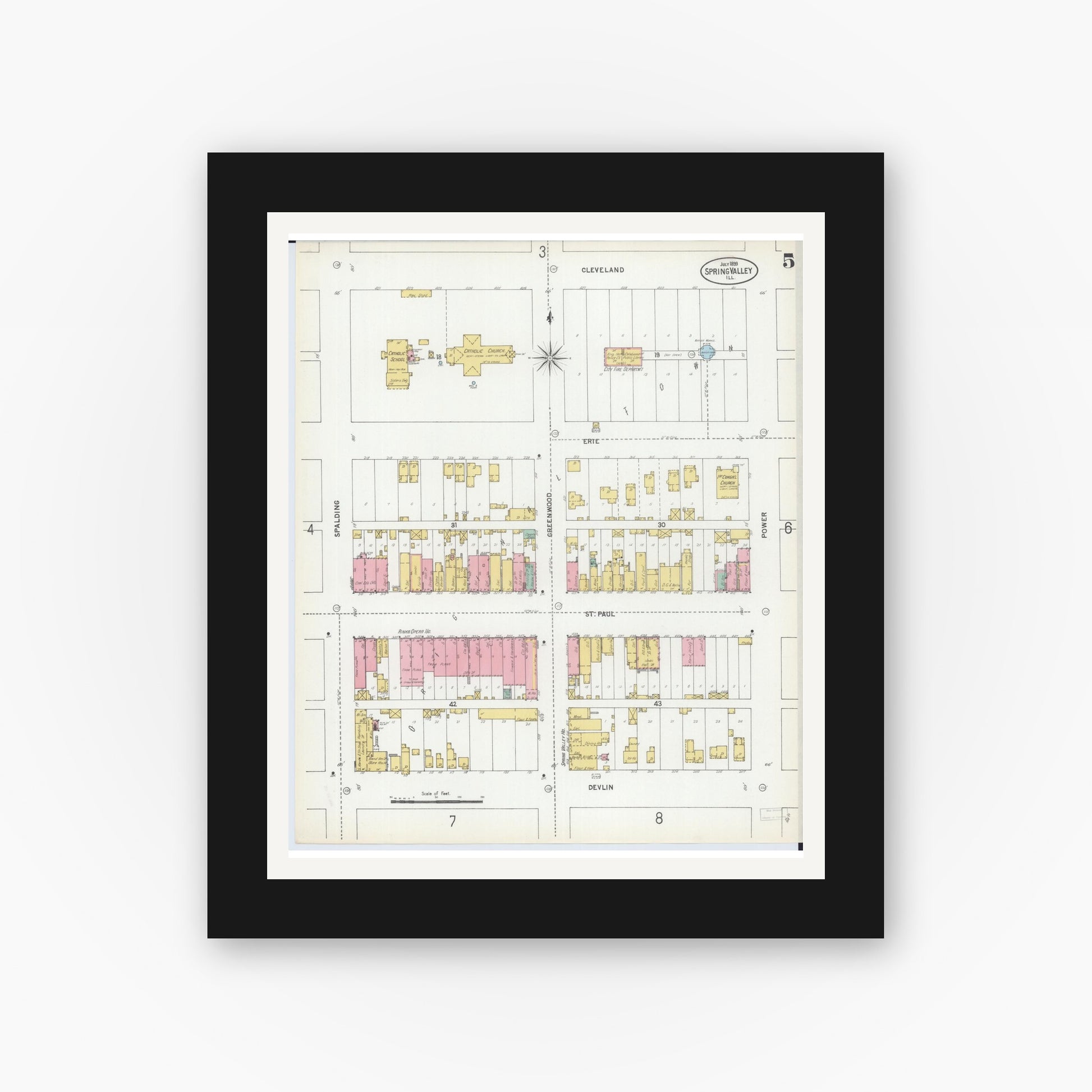 Old map wall art mockup — black gallery frame with white mat — Sanborn Fire Insurance Map from Spring Valley, Bureau County, Illinois (1899), Sheet #0005