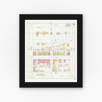 Old map wall art mockup — black gallery frame with white mat — Sanborn Fire Insurance Map from Spring Valley, Bureau County, Illinois (1899), Sheet #0005