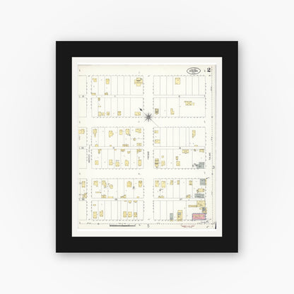 Old map wall art mockup — black gallery frame with white mat — Sanborn Fire Insurance Map from Dinuba, Tulare County, California (1907), Sheet #0002