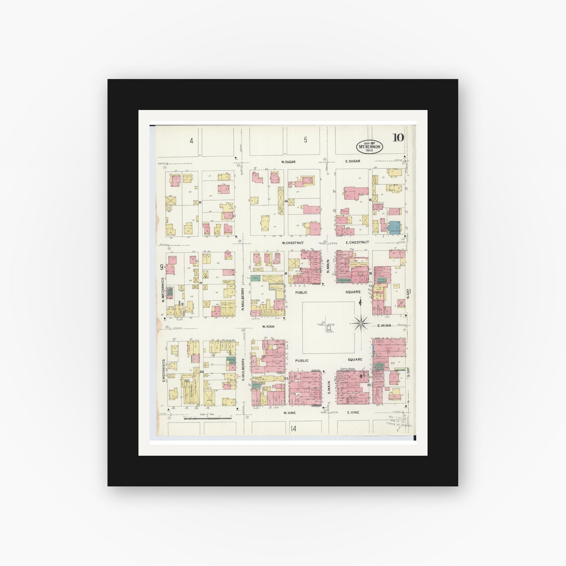 Old map wall art mockup — black gallery frame with white mat — Sanborn Fire Insurance Map from Mount Vernon, Knox County, Ohio (1907), Sheet #0010
