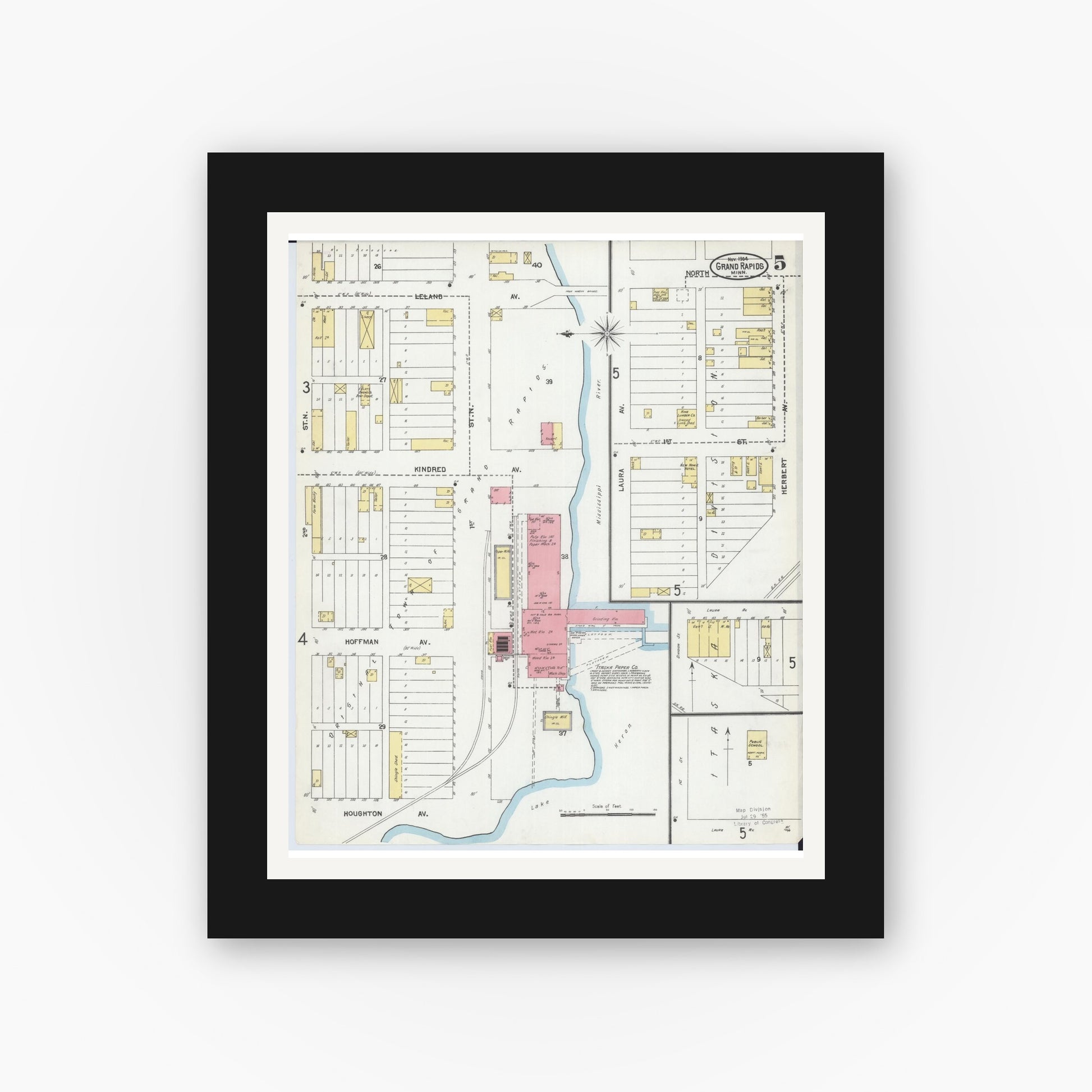 Old map wall art mockup — black gallery frame with white mat — Sanborn Fire Insurance Map from Grand Rapids, Itasca County, Minnesota (1904), Sheet #0005