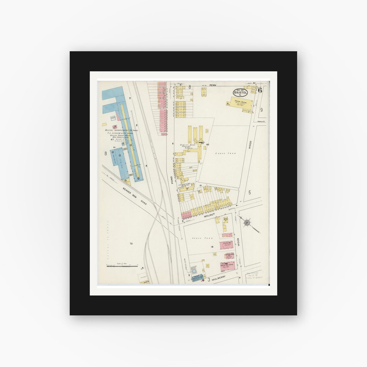 Old map wall art mockup — black gallery frame with white mat — Sanborn Fire Insurance Map from Bristol, Bucks County, Pennsylvania (1915), Sheet #0006