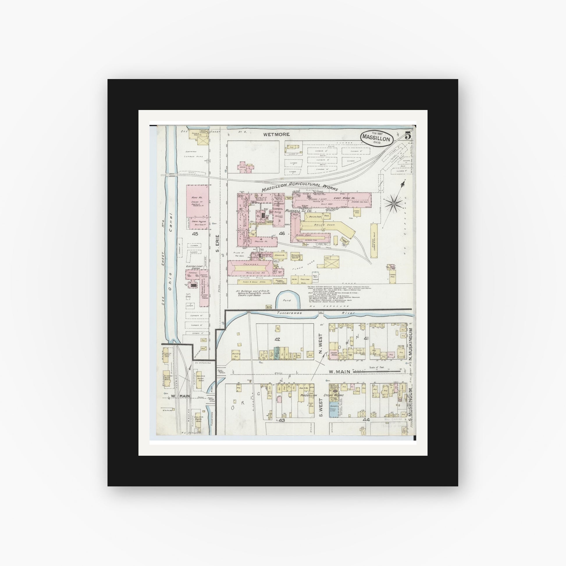 Old map wall art mockup — black gallery frame with white mat — Sanborn Fire Insurance Map from Massillon, Stark County, Ohio (1887), Sheet #0005