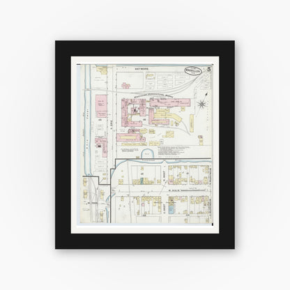Old map wall art mockup — black gallery frame with white mat — Sanborn Fire Insurance Map from Massillon, Stark County, Ohio (1887), Sheet #0005