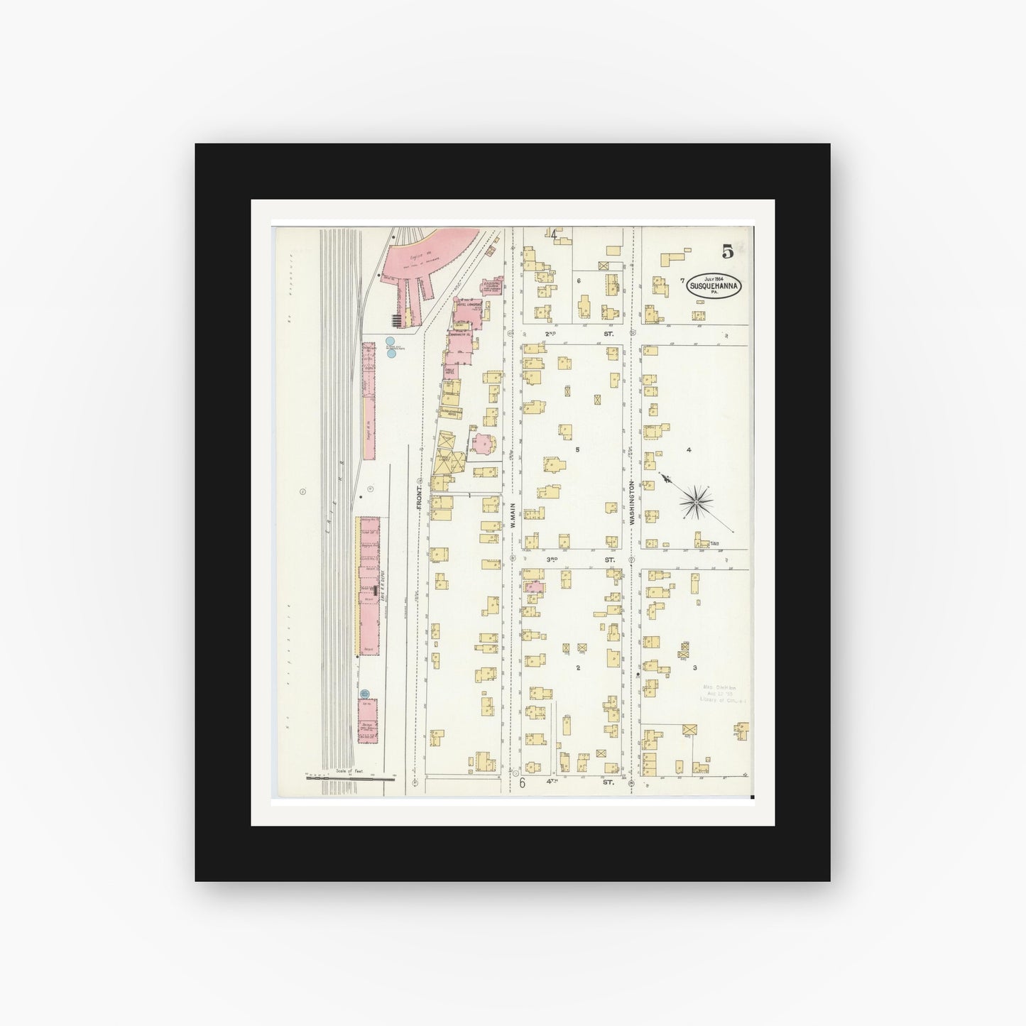 Old map wall art mockup — black gallery frame with white mat — Sanborn Fire Insurance Map from Susquehanna, Susquehanna County, Pennsylvania (1904), Sheet #0005