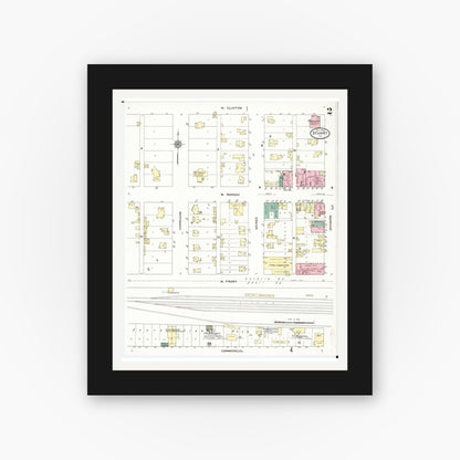 Old map wall art mockup — black gallery frame with white mat — Sanborn Fire Insurance Map from Stuart, Guthrie and Adair Counties, Iowa (1909), Sheet #0002