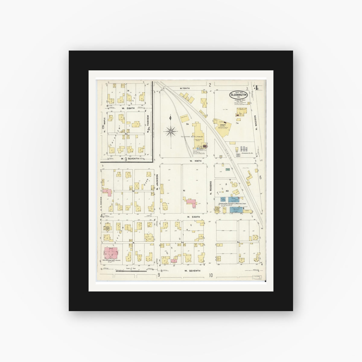Old map wall art mockup — black gallery frame with white mat — Sanborn Fire Insurance Map from Bloomington, Monroe County, Indiana (1907), Sheet #0004