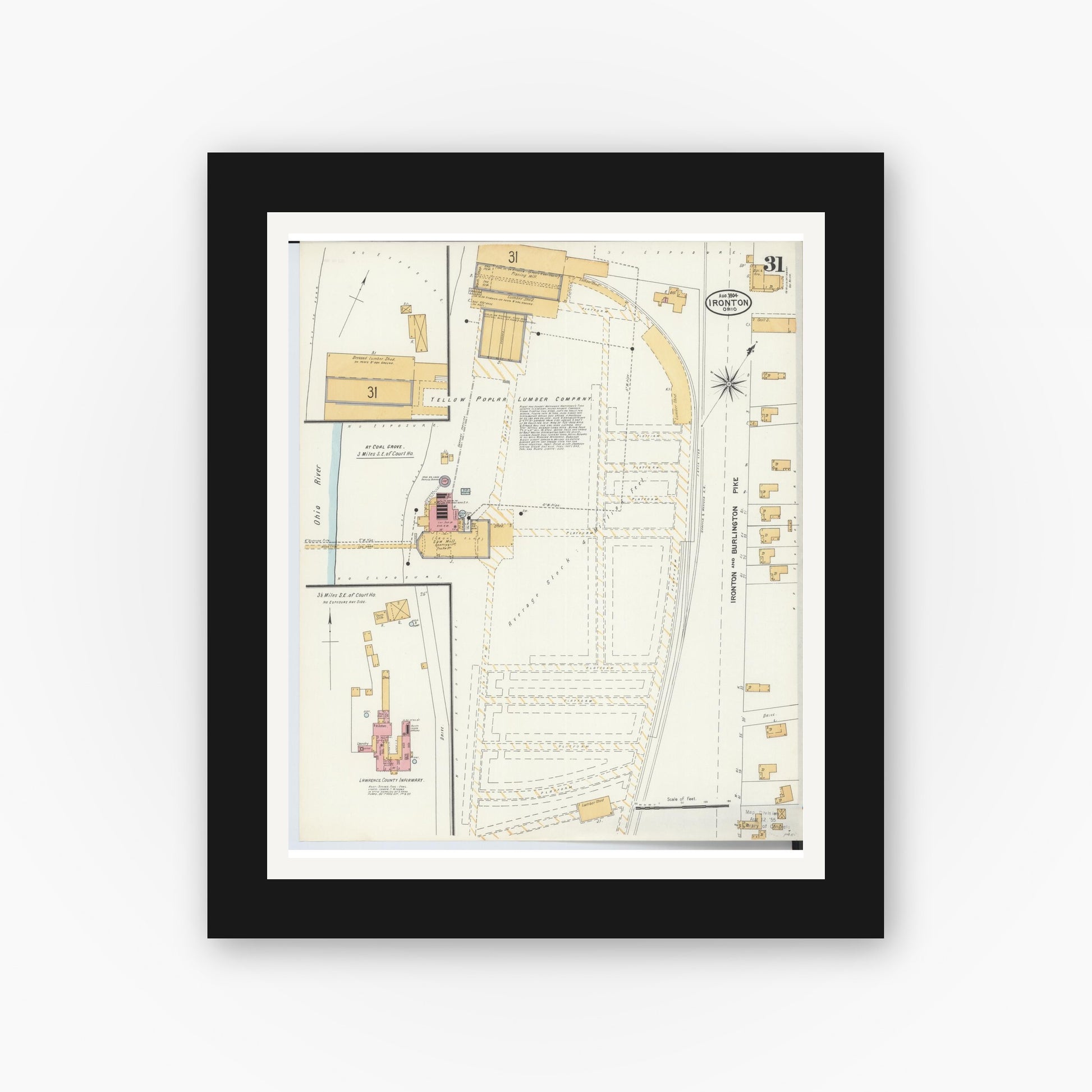 Old map wall art mockup — black gallery frame with white mat — Sanborn Fire Insurance Map from Ironton, Lawrence County, Ohio (1904), Sheet #0031