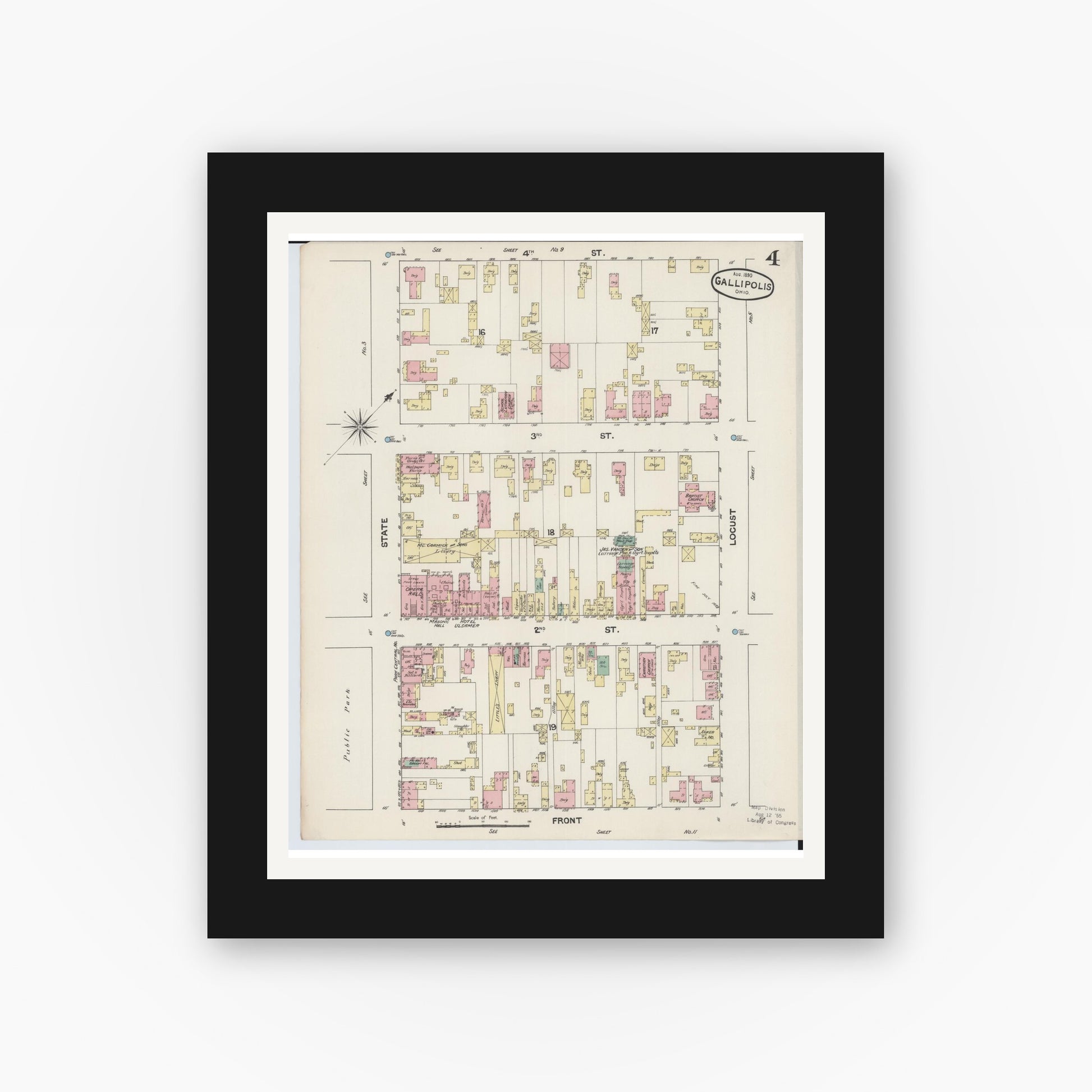 Old map wall art mockup — black gallery frame with white mat — Sanborn Fire Insurance Map from Gallipolis, Gallia County, Ohio (1890), Sheet #0004