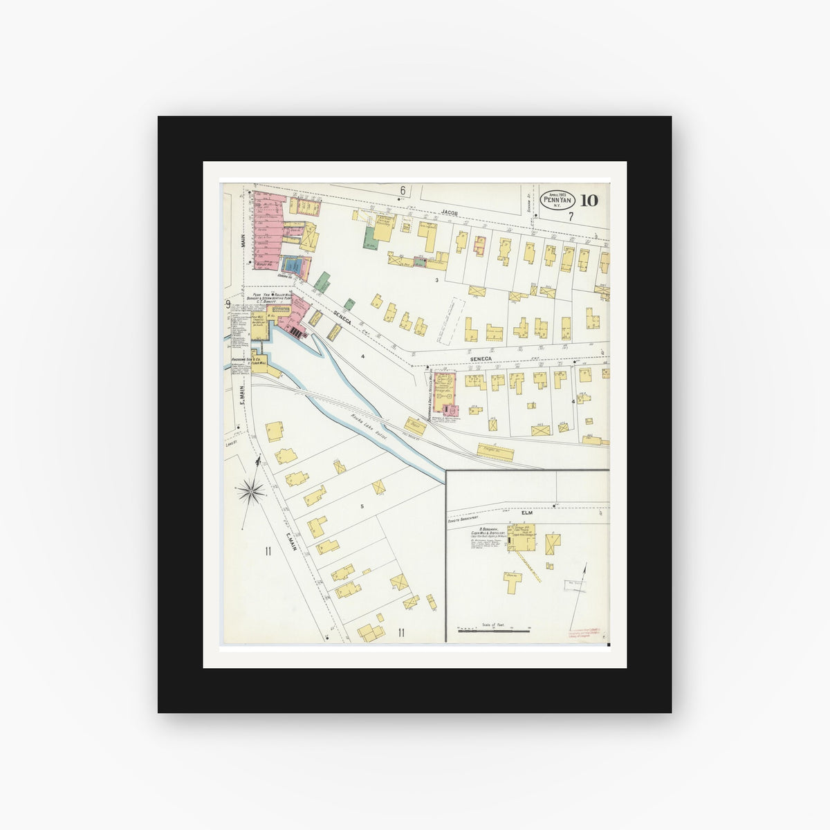 Old map wall art mockup — black gallery frame with white mat — Sanborn Fire Insurance Map from Penn Yan, Yates County, New York (1903), Sheet #0010