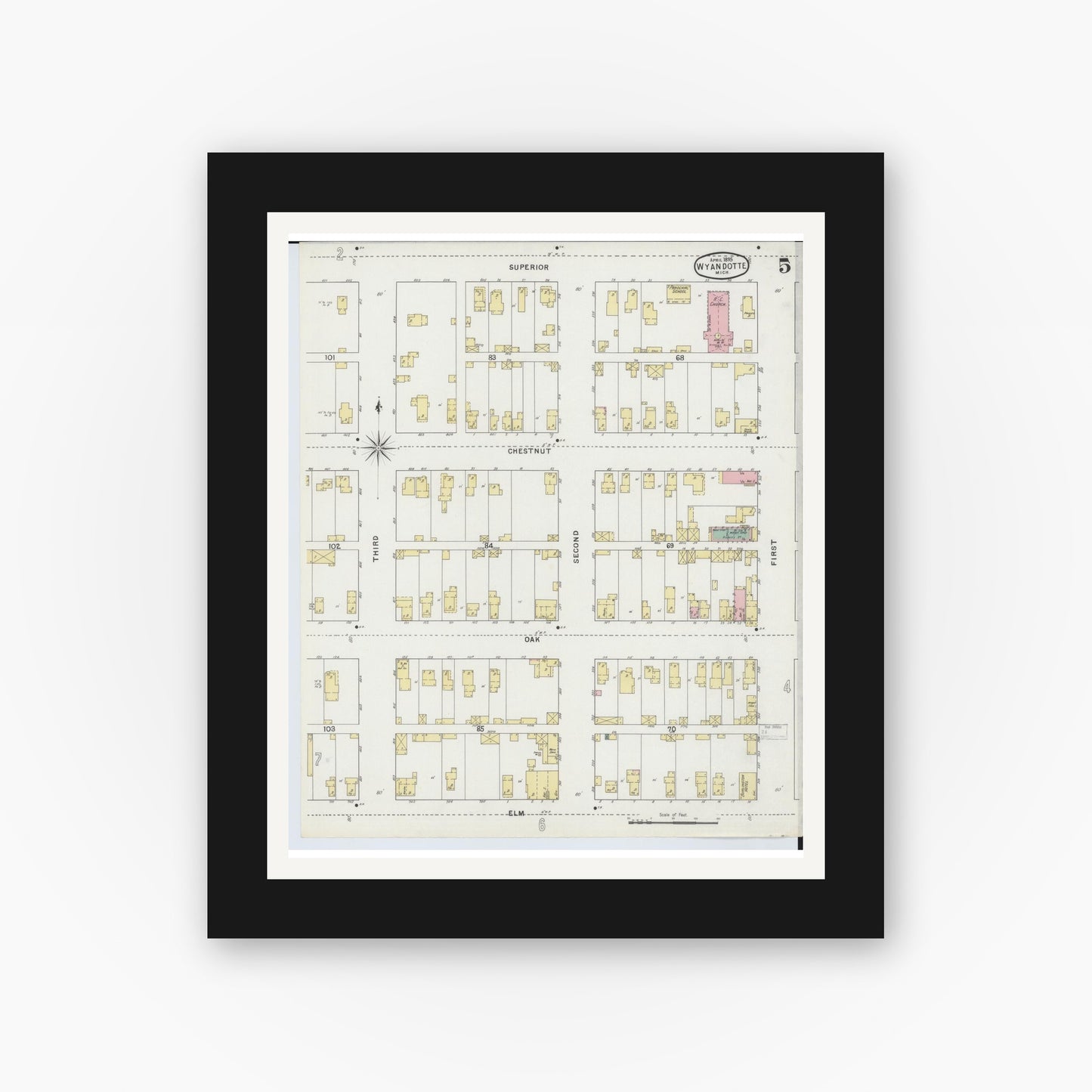 Old map wall art mockup — black gallery frame with white mat — Sanborn Fire Insurance Map from Wyandotte, Wayne County, Michigan (1895), Sheet #0005