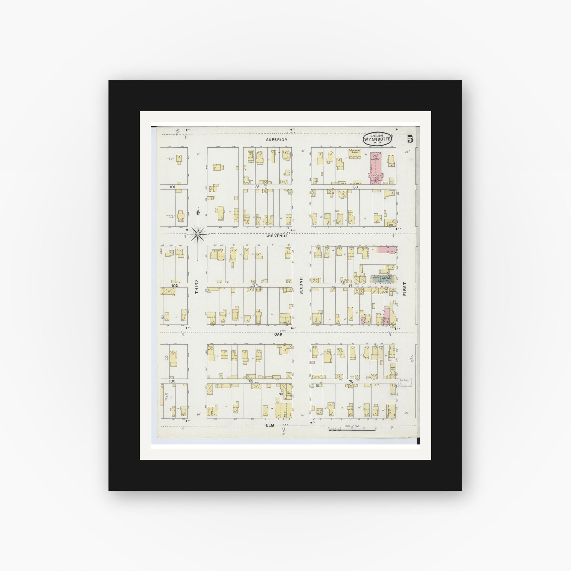 Old map wall art mockup — black gallery frame with white mat — Sanborn Fire Insurance Map from Wyandotte, Wayne County, Michigan (1895), Sheet #0005