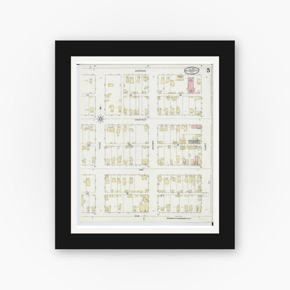 Old map wall art mockup — black gallery frame with white mat — Sanborn Fire Insurance Map from Wyandotte, Wayne County, Michigan (1895), Sheet #0005