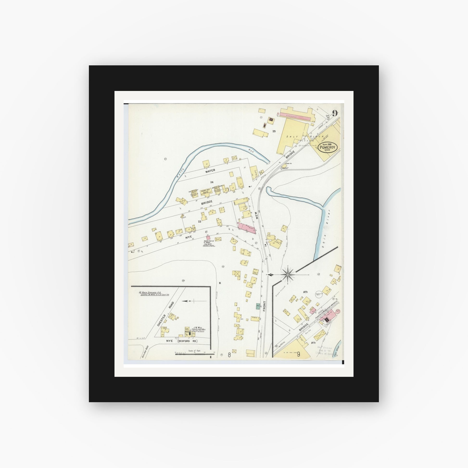Old map wall art mockup — black gallery frame with white mat — Sanborn Fire Insurance Map from Pomeroy, Meigs County, Ohio (1908), Sheet #0009