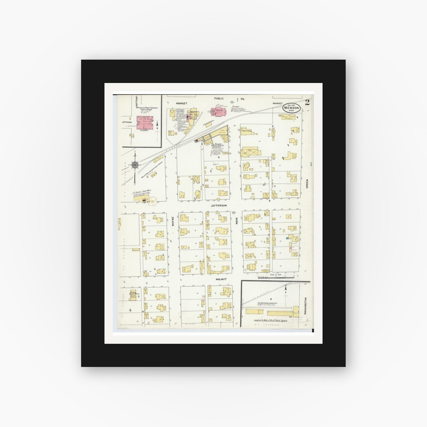 Old map wall art mockup — black gallery frame with white mat — Sanborn Fire Insurance Map from Mendon, Mercer County, Ohio (1911), Sheet #0002