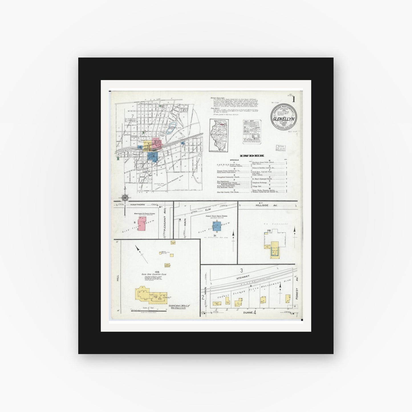 Old map wall art mockup — black gallery frame with white mat — Sanborn Fire Insurance Map from Glen Ellyn, Du Page County, Illinois (1919) - Complete Map Set