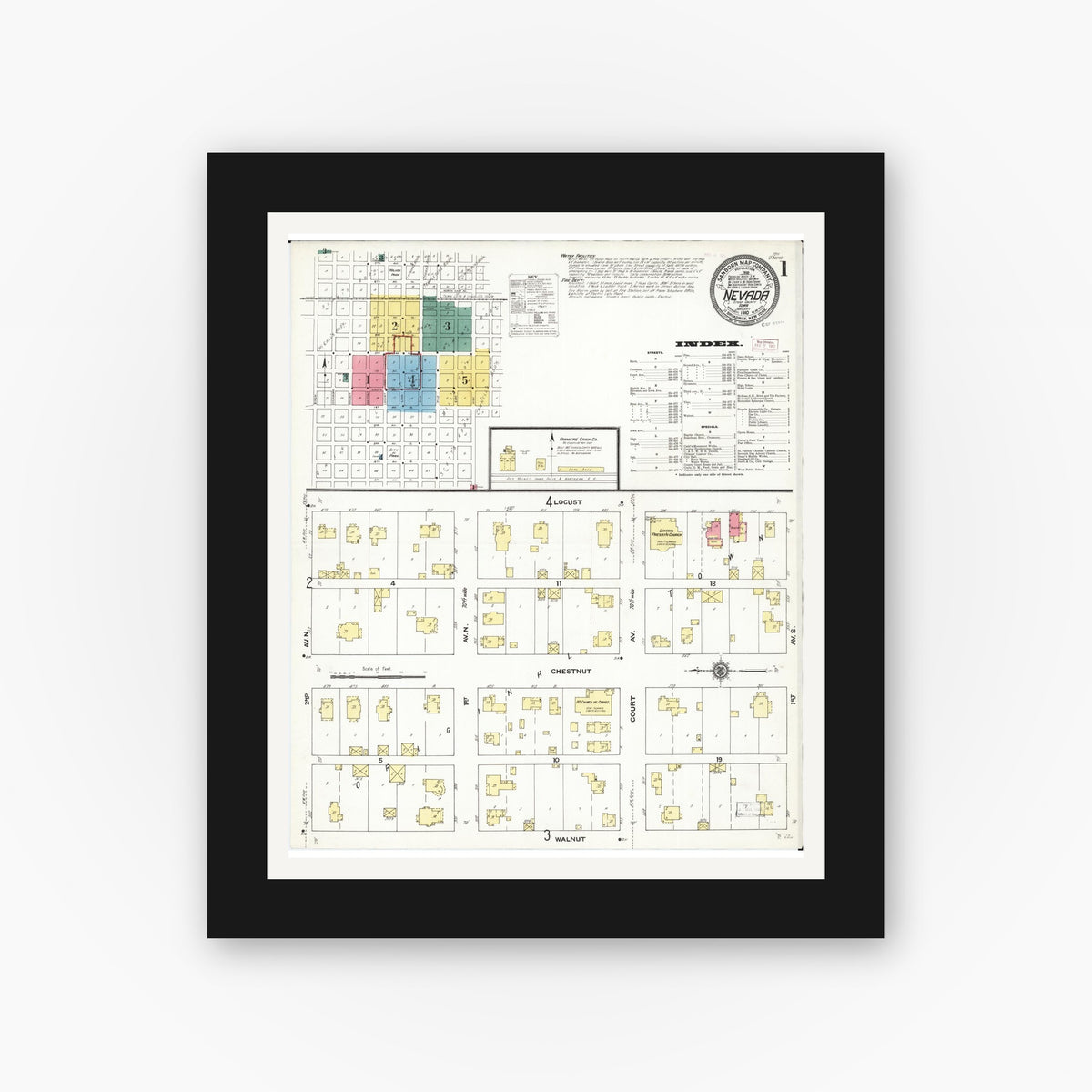 Old map wall art mockup — black gallery frame with white mat — Sanborn Fire Insurance Map from Nevada, Story County, Iowa (1910) â€” Complete Set