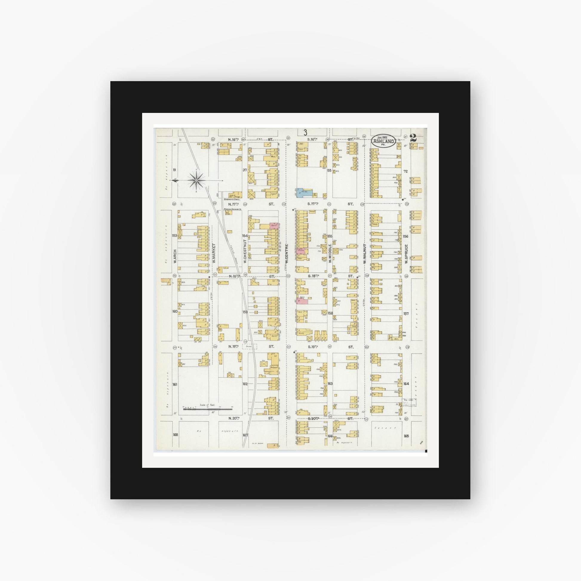 Old map wall art mockup — black gallery frame with white mat — Sanborn Fire Insurance Map from Ashland, Schuylkill County, Pennsylvania (1902), Sheet #0002