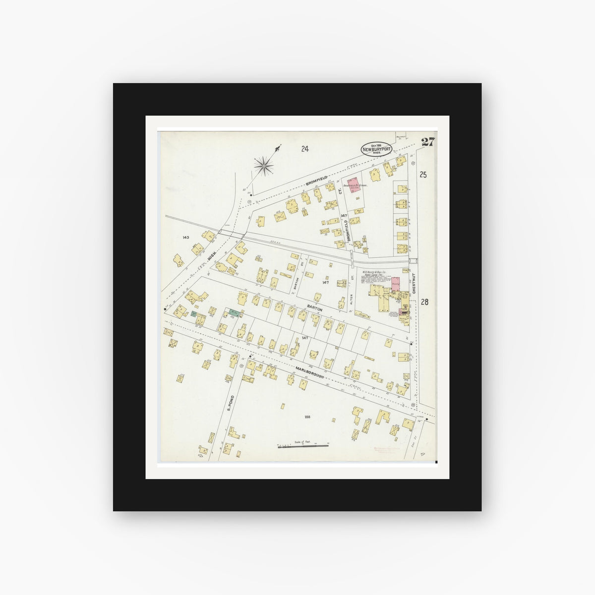 Old map wall art mockup — black gallery frame with white mat — Sanborn Fire Insurance Map from Newburyport, Essex County, Massachusetts (1906), Sheet #0027