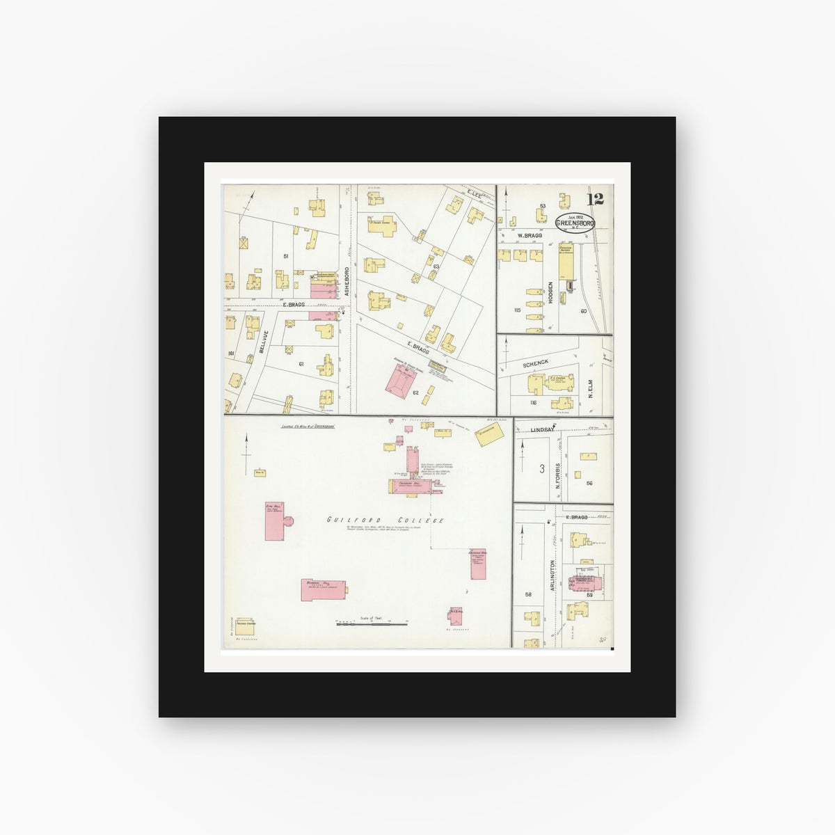 Old map wall art mockup — black gallery frame with white mat — Sanborn Fire Insurance Map from Greensboro, Guilford County, North Carolina (1902), Sheet #0012