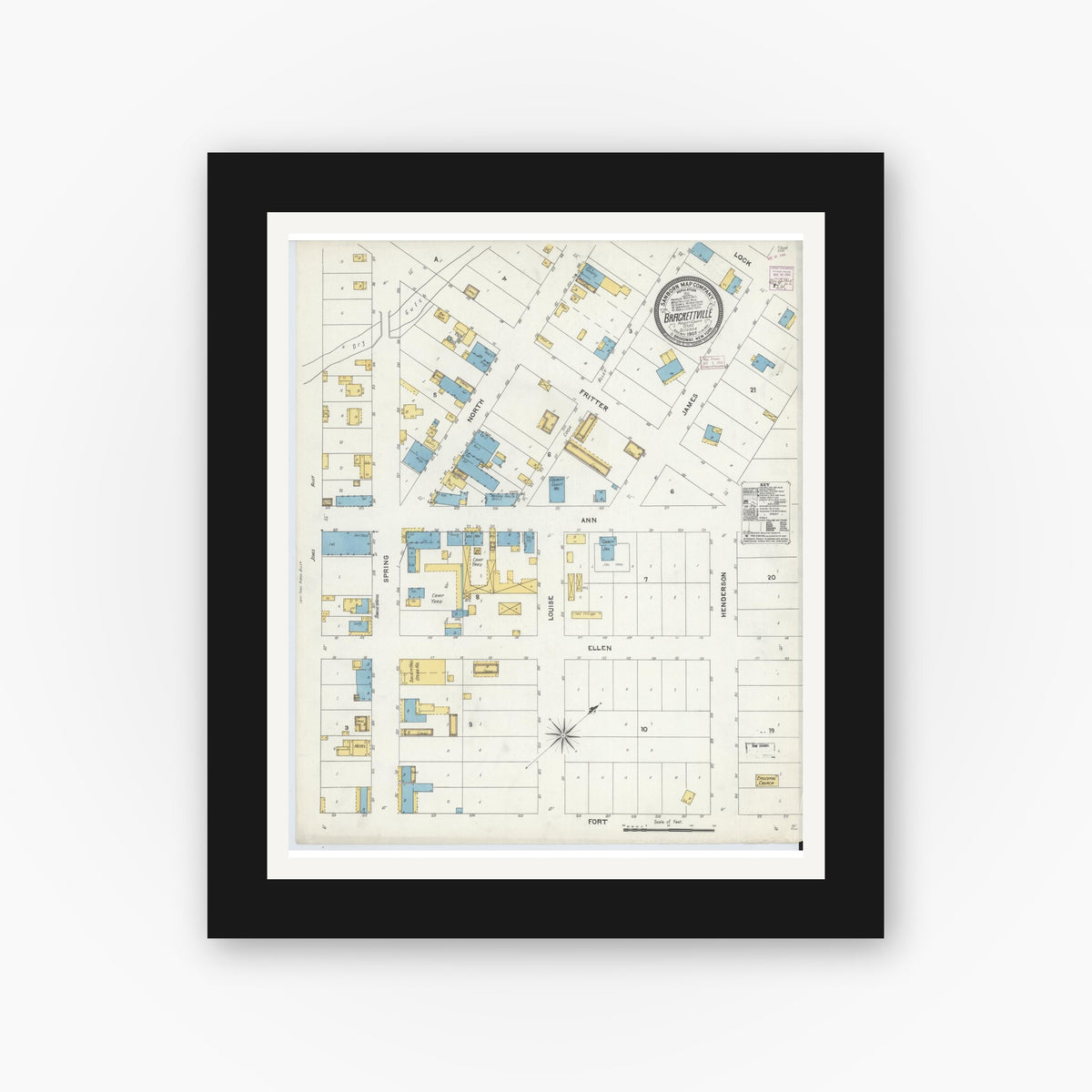 Old map wall art mockup — black gallery frame with white mat — Sanborn Fire Insurance Map from Brackettville, Kinney County, Texas (1905), Sheet #0001