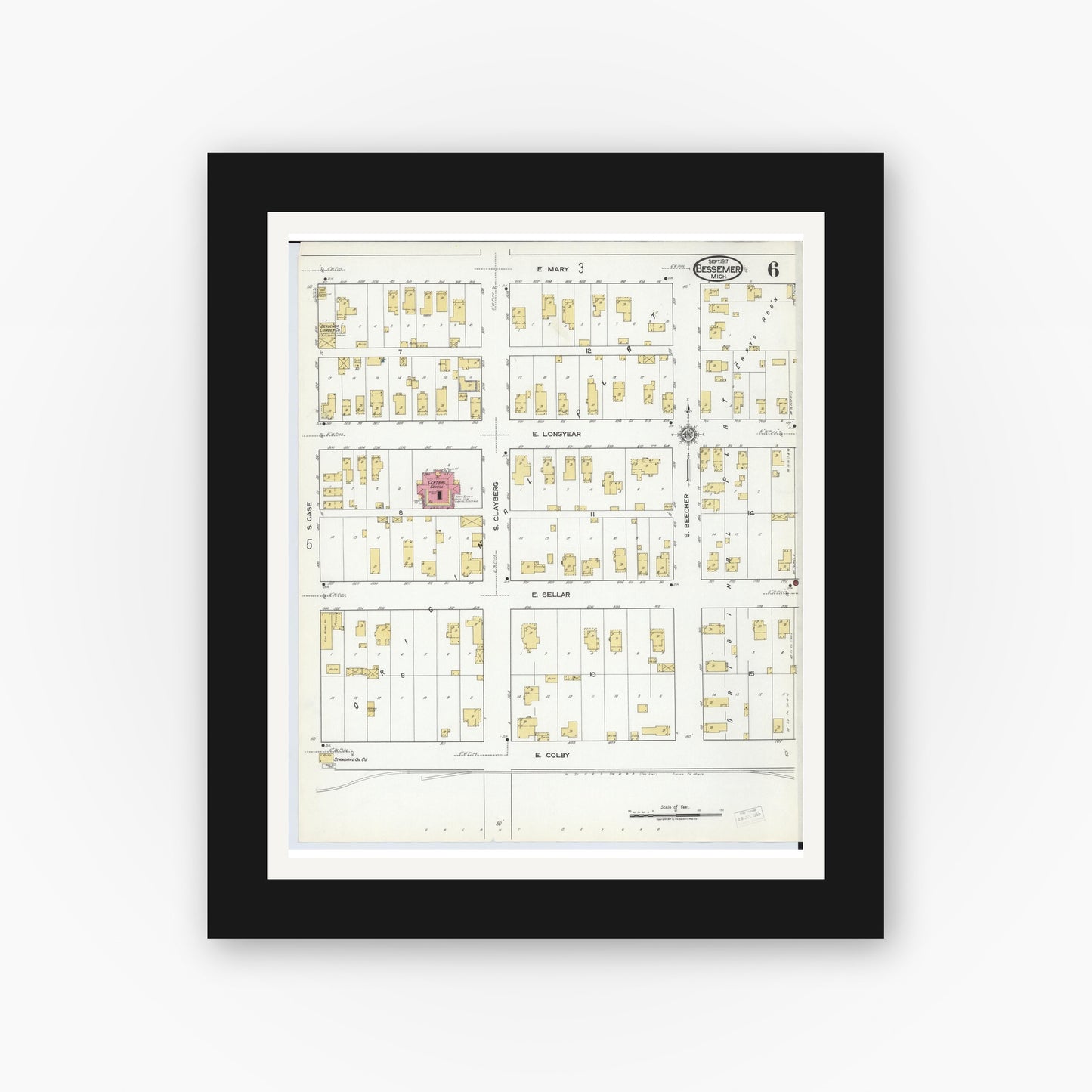 Old map wall art mockup — black gallery frame with white mat — Sanborn Fire Insurance Map from Bessemer, Gogebic County, Michigan (1917), Sheet #0006