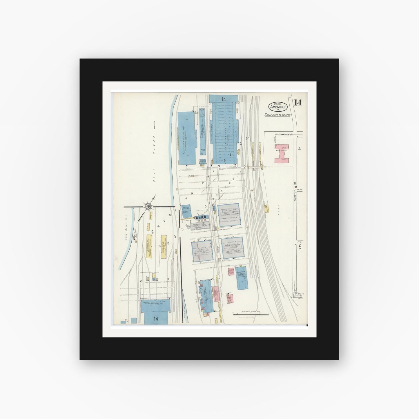 Old map wall art mockup — black gallery frame with white mat — Sanborn Fire Insurance Map from Ambridge, Beaver County, Pennsylvania (1917), Sheet #0014