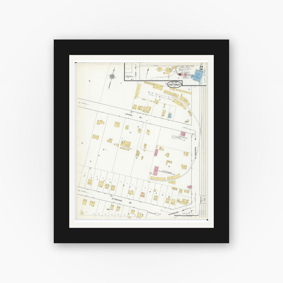 Old map wall art mockup — black gallery frame with white mat — Sanborn Fire Insurance Map from Lake Forest, Lake County, Illinois (1917), Sheet #0002