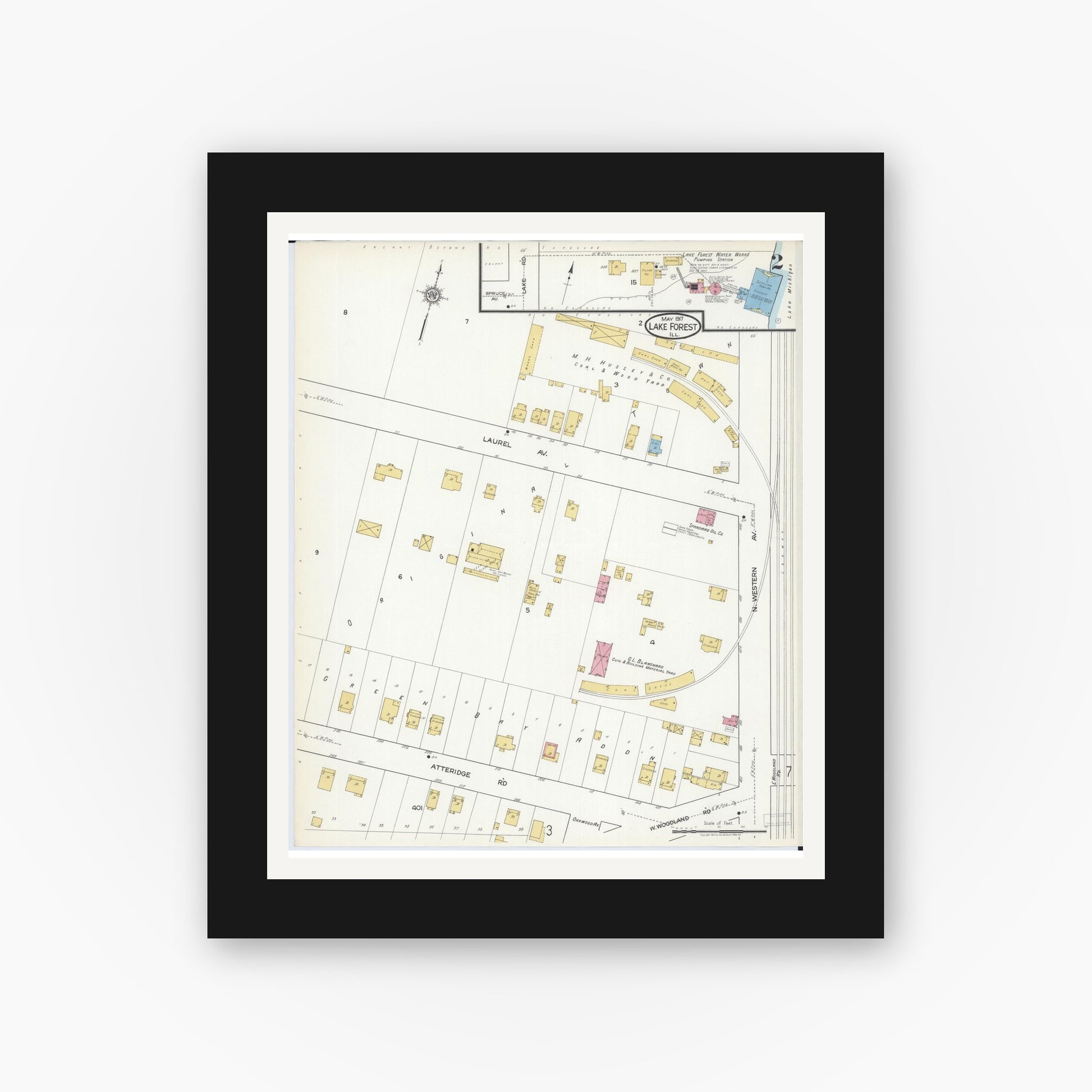 Old map wall art mockup — black gallery frame with white mat — Sanborn Fire Insurance Map from Lake Forest, Lake County, Illinois (1917), Sheet #0002