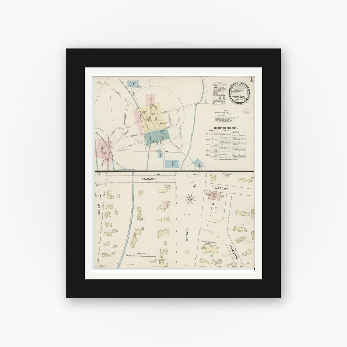 Old map wall art mockup — black gallery frame with white mat — Sanborn Fire Insurance Map from Hamilton, Madison County, New York (1887), Sheet #0001