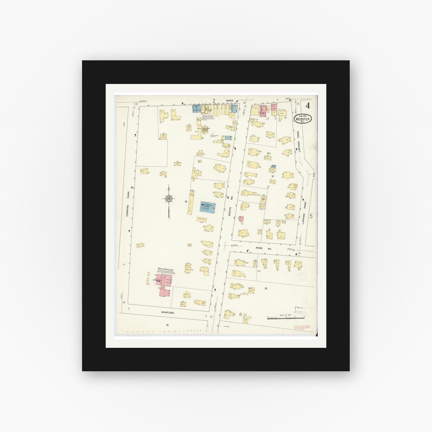 Old map wall art mockup — black gallery frame with white mat — Sanborn Fire Insurance Map from Webster, Monroe County, New York (1912), Sheet #0004