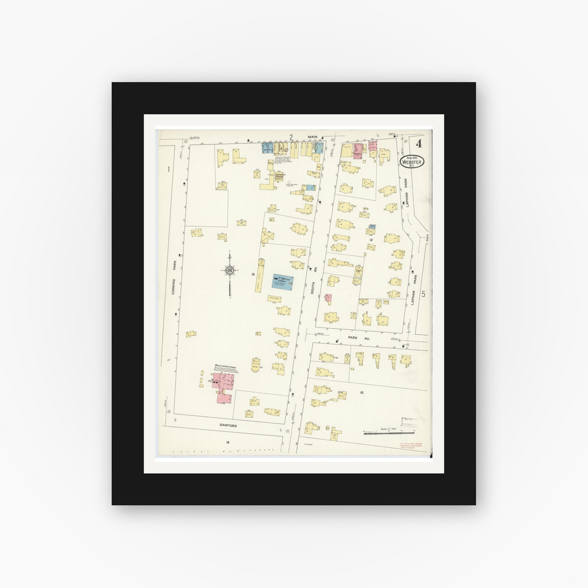Old map wall art mockup — black gallery frame with white mat — Sanborn Fire Insurance Map from Webster, Monroe County, New York (1912), Sheet #0004