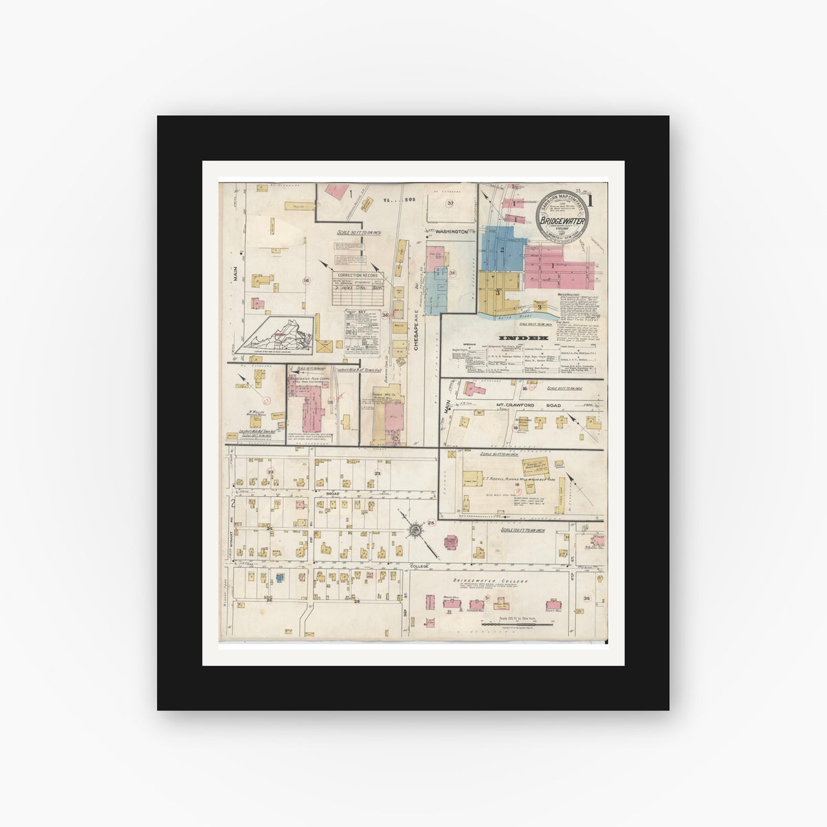 Old map wall art mockup — black gallery frame with white mat — Sanborn Fire Insurance Map from Bridgewater, Rockingham County, Virginia (1917) - Complete Map Set