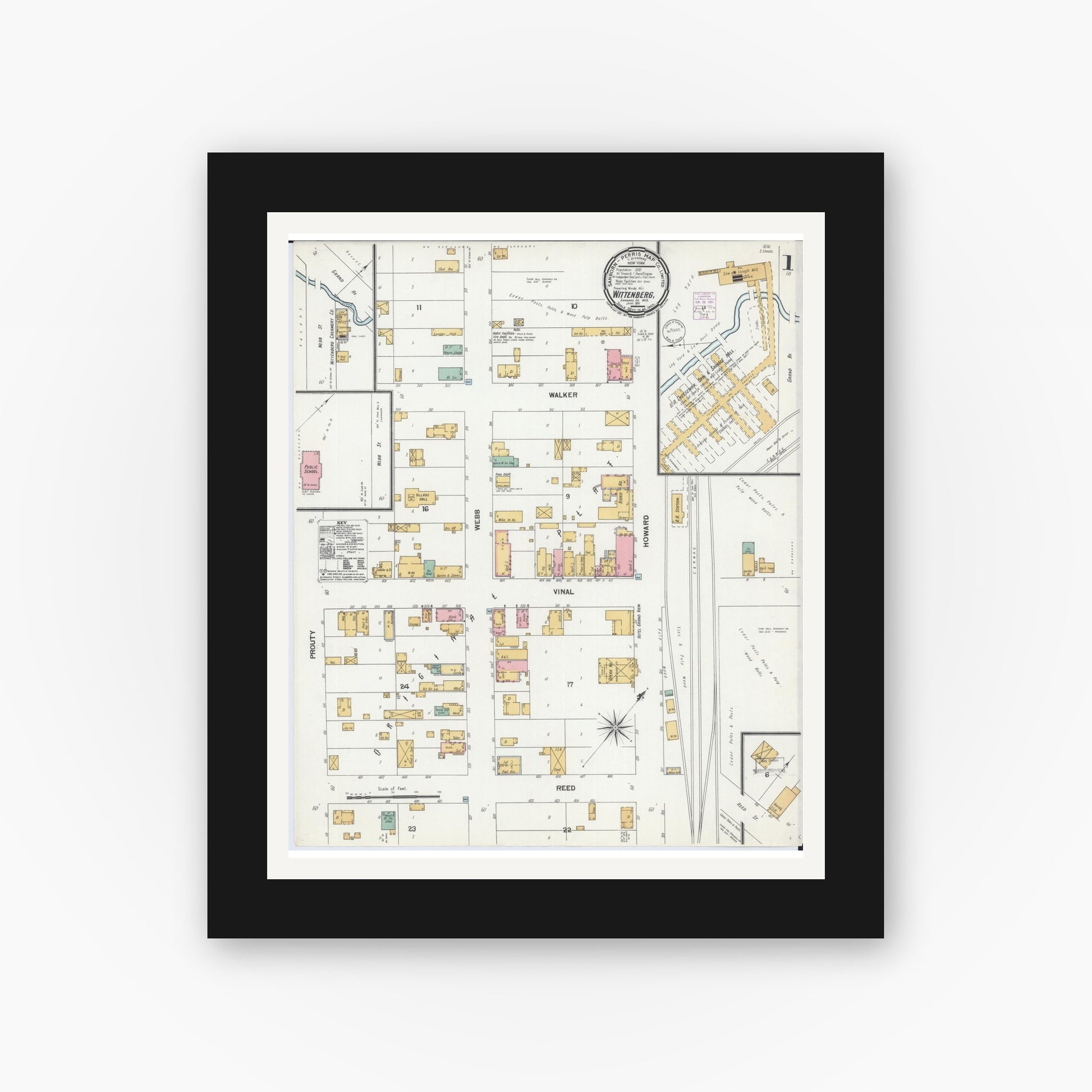 Old map wall art mockup — black gallery frame with white mat — Sanborn Fire Insurance Map from Wittenberg, Shawano County, Wisconsin (1901), Sheet #0001