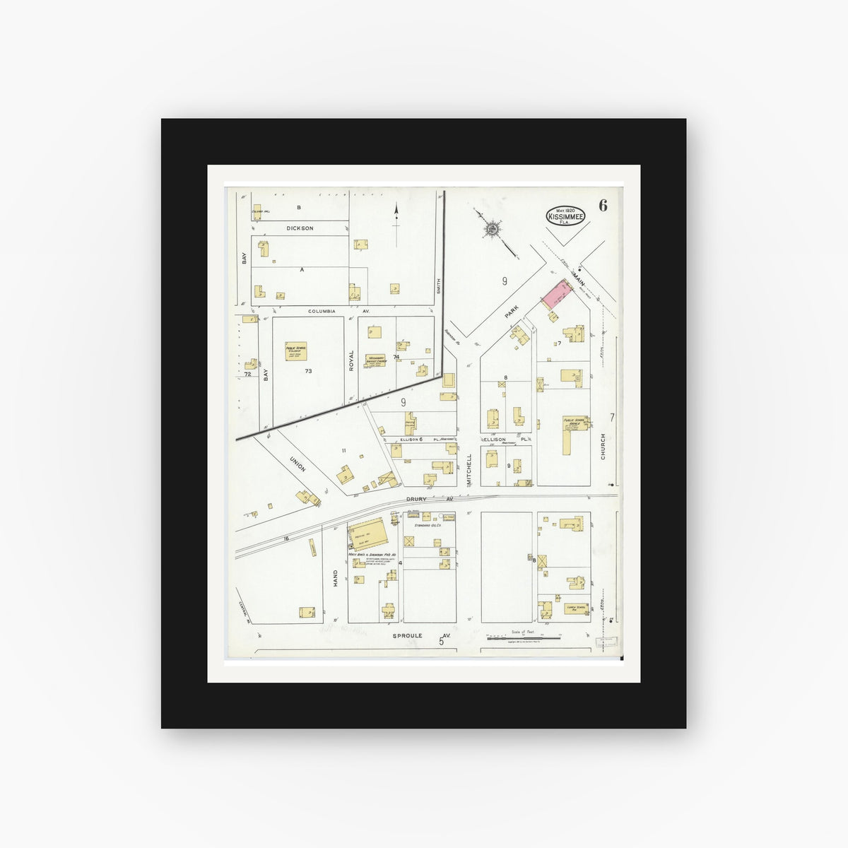 Old map wall art mockup — black gallery frame with white mat — Sanborn Fire Insurance Map from Kissimmee, Osceola County, Florida (1920), Sheet #0006