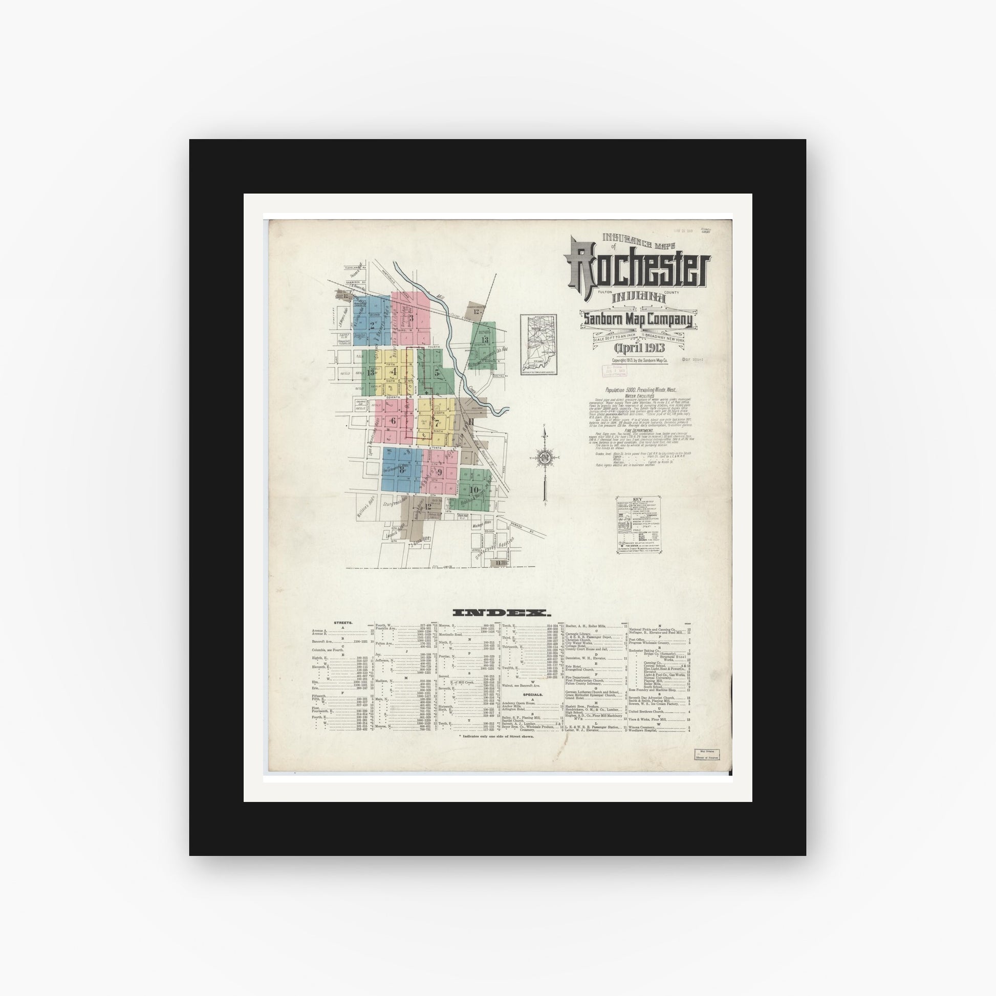 Old map wall art mockup — black gallery frame with white mat — Sanborn Fire Insurance Map from Rochester, Fulton County, Indiana (1913) - Complete Map Set