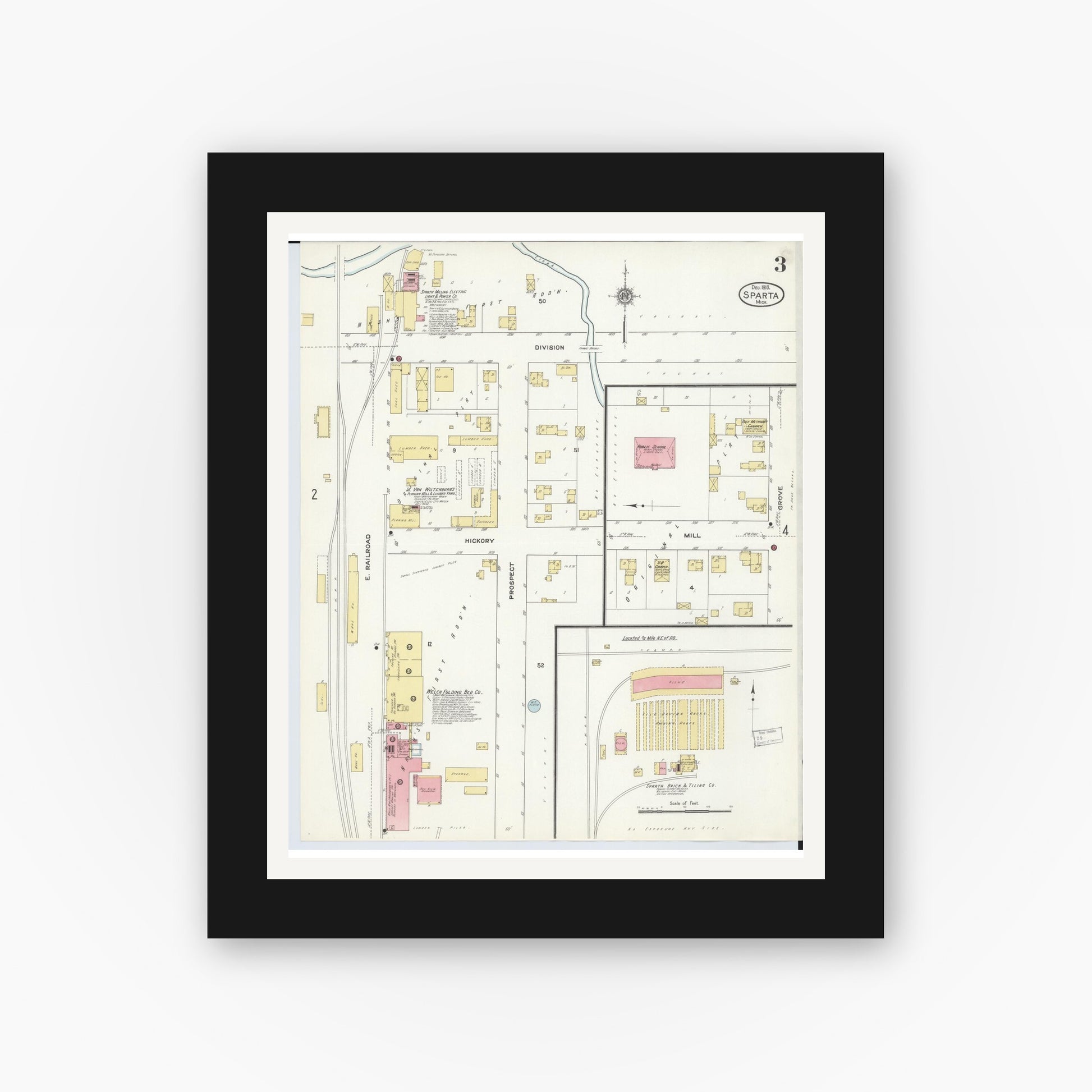 Old map wall art mockup — black gallery frame with white mat — Sanborn Fire Insurance Map from Sparta, Kent County, Michigan (1910), Sheet #0003
