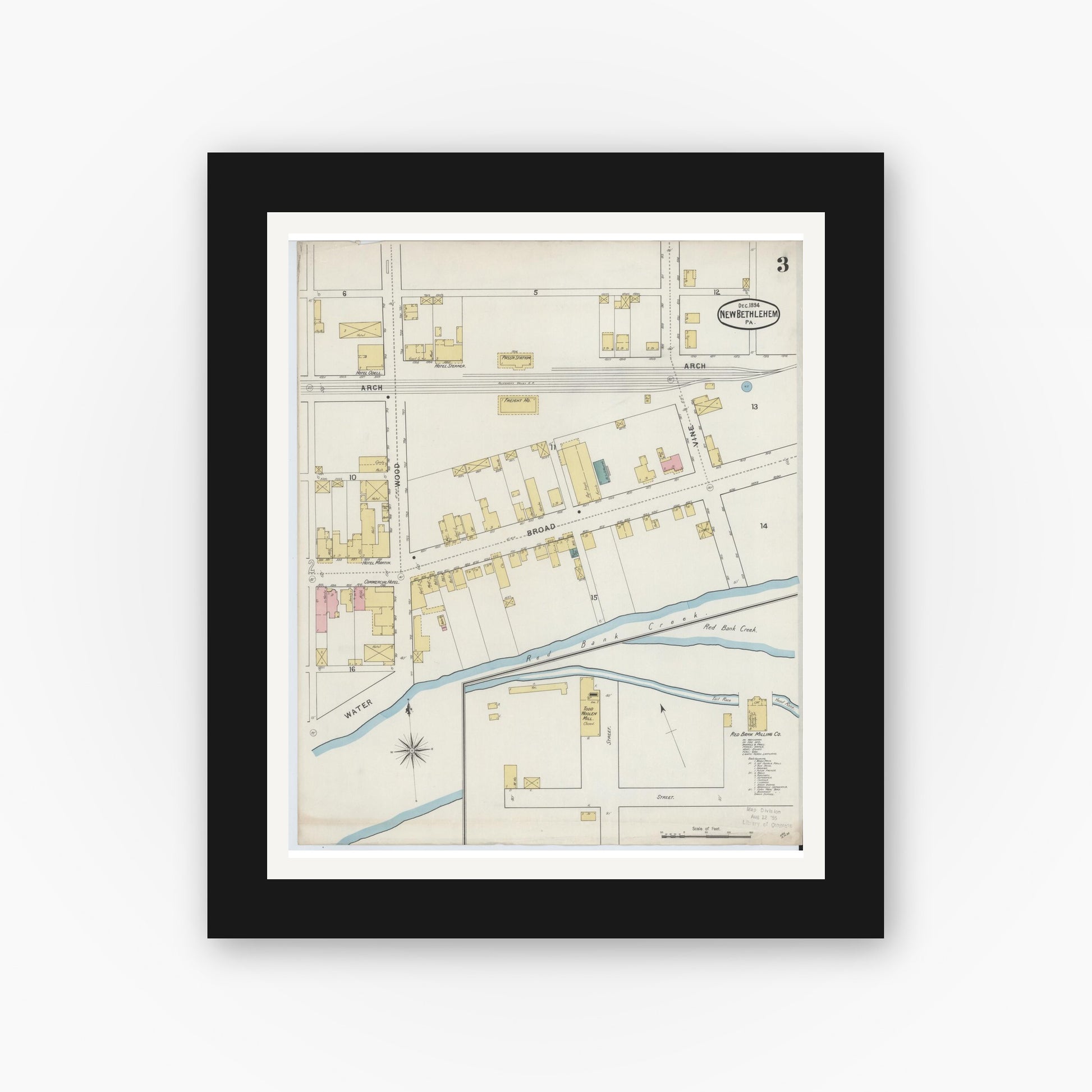 Old map wall art mockup — black gallery frame with white mat — Sanborn Fire Insurance Map from New Bethlehem, Clarion County, Pennsylvania (1894), Sheet #0003