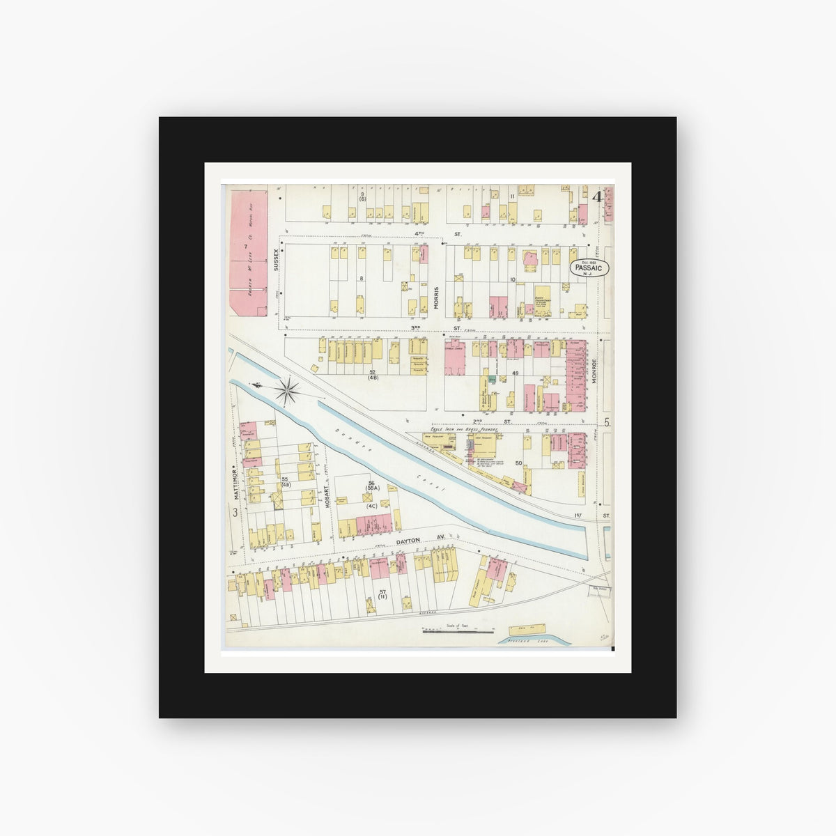 Old map wall art mockup — black gallery frame with white mat — Sanborn Fire Insurance Map from Passaic, Passaic County, New Jersey (1903), Sheet #0004
