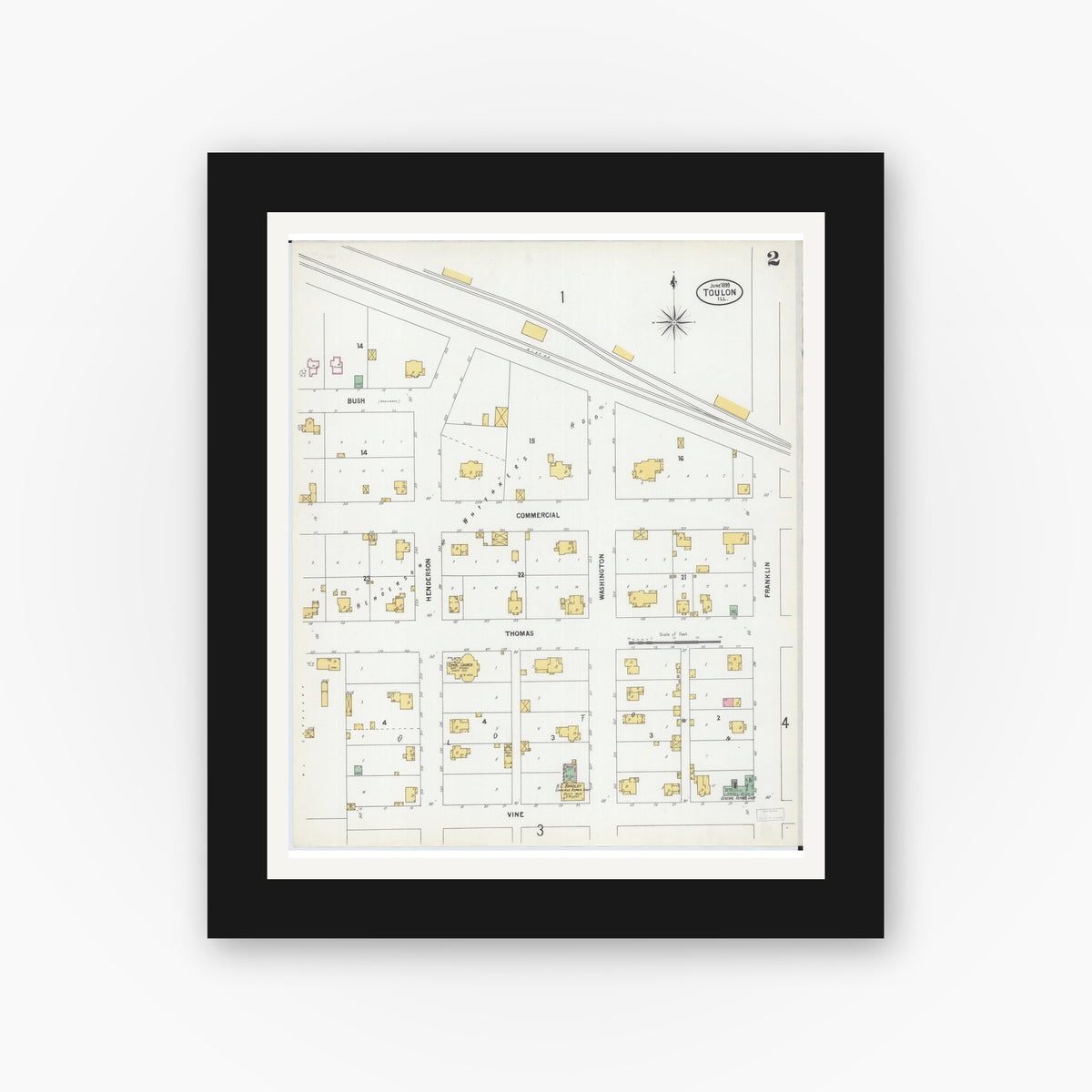 Old map wall art mockup — black gallery frame with white mat — Sanborn Fire Insurance Map from Toulon, Stark County, Illinois (1899), Sheet #0002