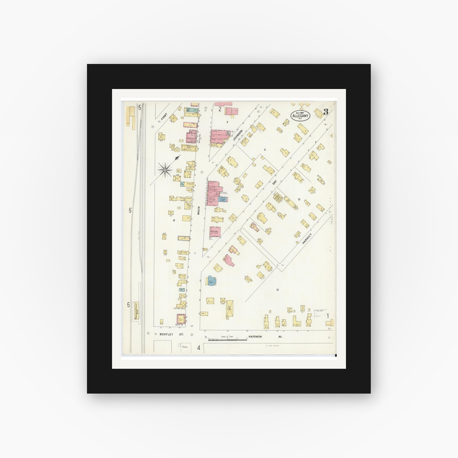 Old map wall art mockup — black gallery frame with white mat — Sanborn Fire Insurance Map from Allegany, Cattaraugus County, New York (1907), Sheet #0003