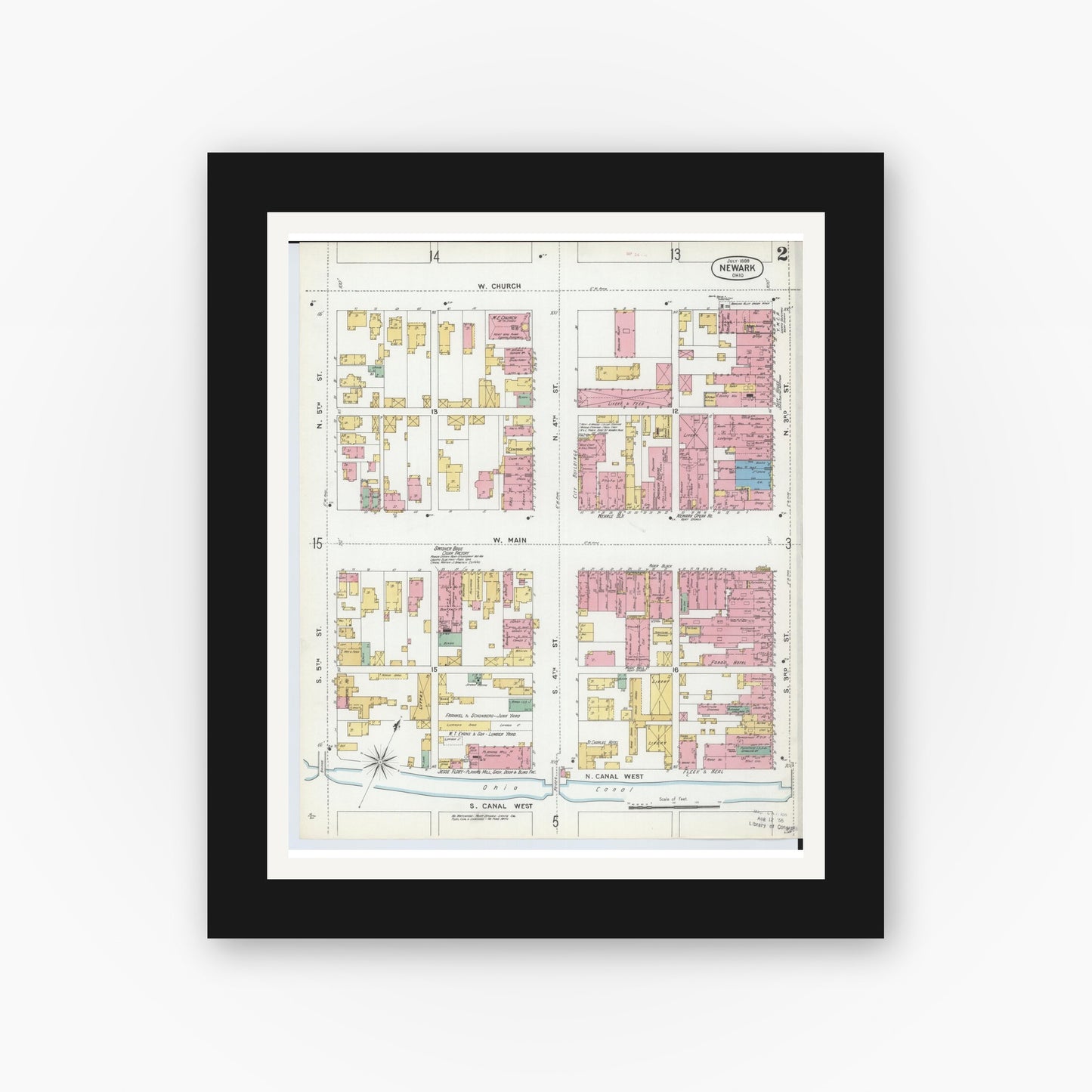 Old map wall art mockup — black gallery frame with white mat — Sanborn Fire Insurance Map from Newark, Licking County, Ohio (1899), Sheet #0002