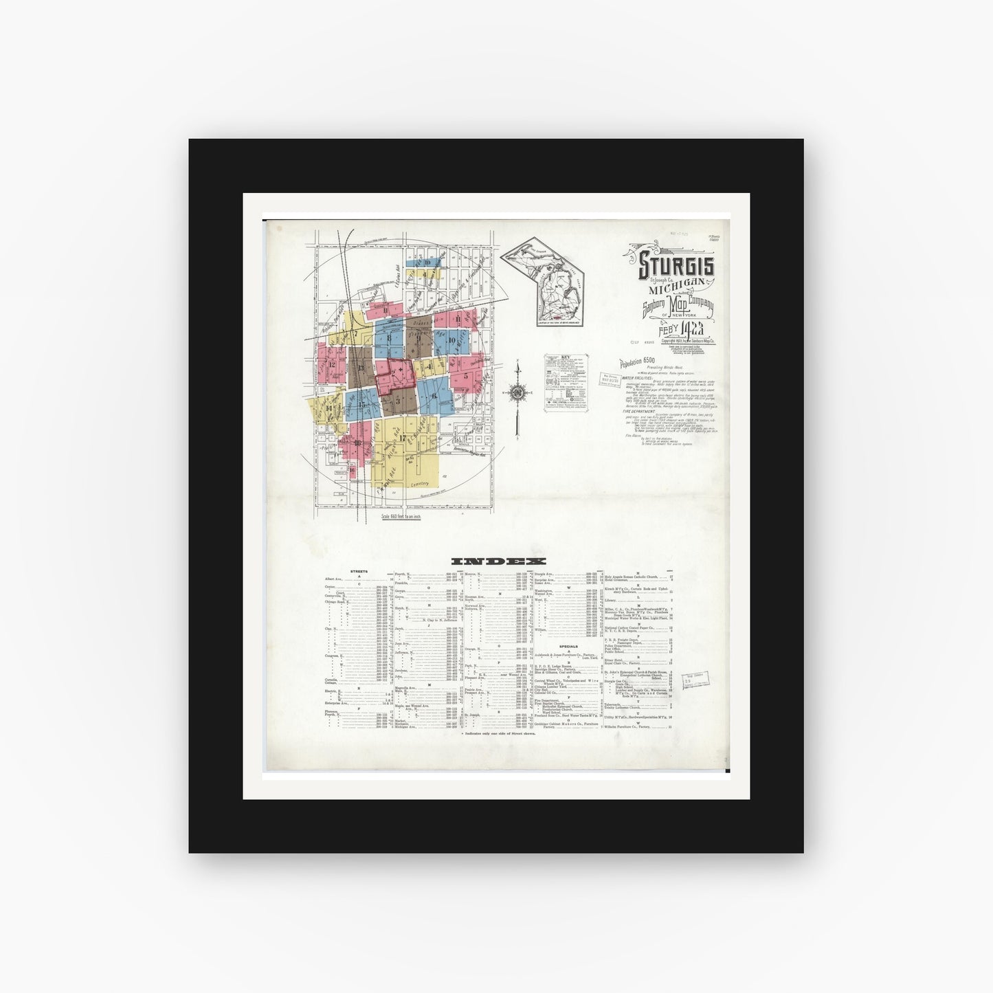 Old map wall art mockup — black gallery frame with white mat — Sanborn Fire Insurance Map from Sturgis, Saint Joseph County, Michigan (1923) - Complete Map Set