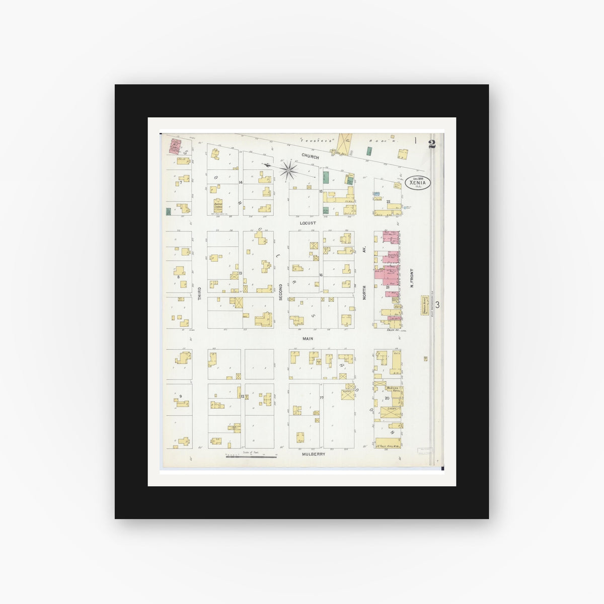 Old map wall art mockup — black gallery frame with white mat — Sanborn Fire Insurance Map from Xenia, Clay County, Illinois (1899), Sheet #0002