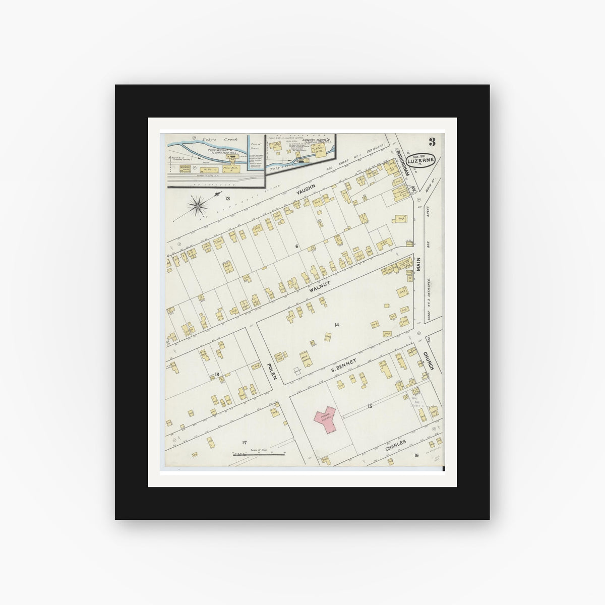 Old map wall art mockup — black gallery frame with white mat — Sanborn Fire Insurance Map from Luzerne, Luzerne County, Pennsylvania (1891), Sheet #0003