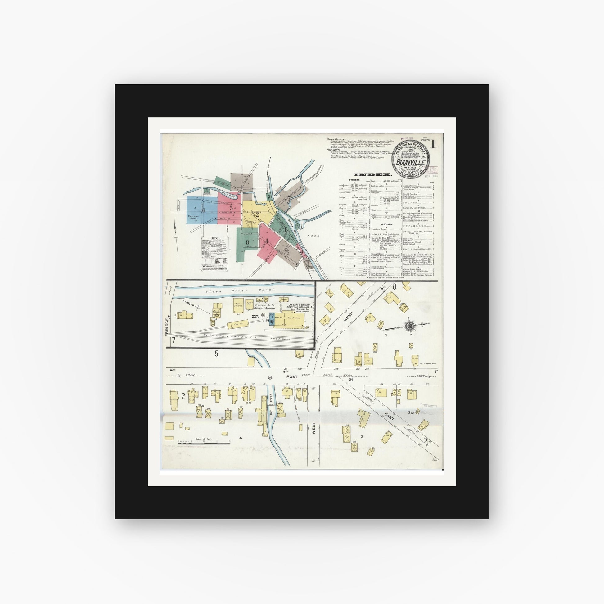 Old map wall art mockup — black gallery frame with white mat — Sanborn Fire Insurance Map from Boonville, Oneida County, New York (1909) - Complete Map Set