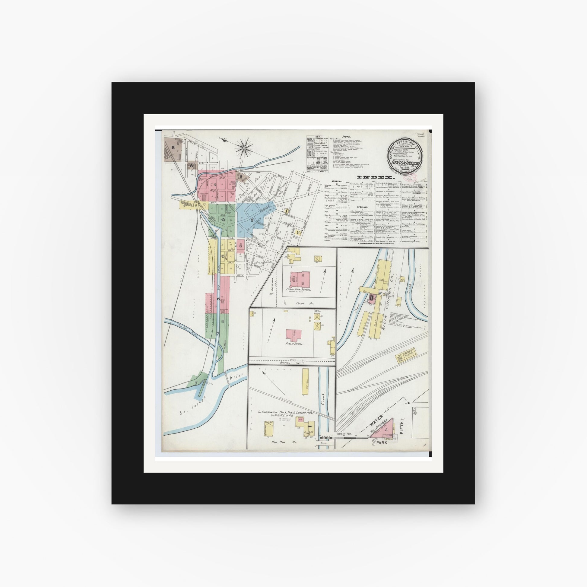 Old map wall art mockup — black gallery frame with white mat — Sanborn Fire Insurance Map from Benton Harbor, Berrien County, Michigan (1895) - Complete Map Set