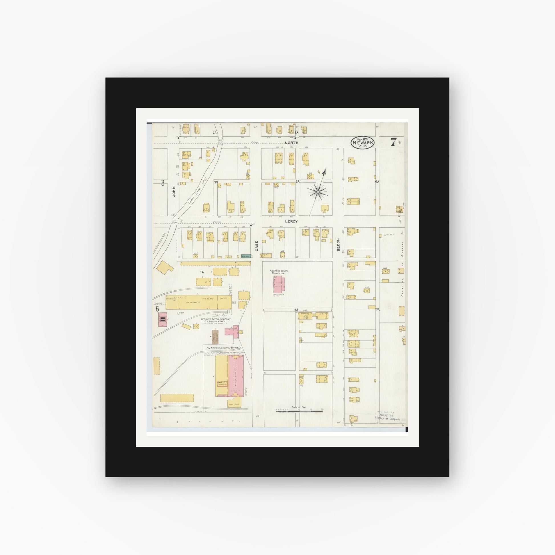 Old map wall art mockup — black gallery frame with white mat — Sanborn Fire Insurance Map from Newark, Licking County, Ohio (1905), Sheet #0007